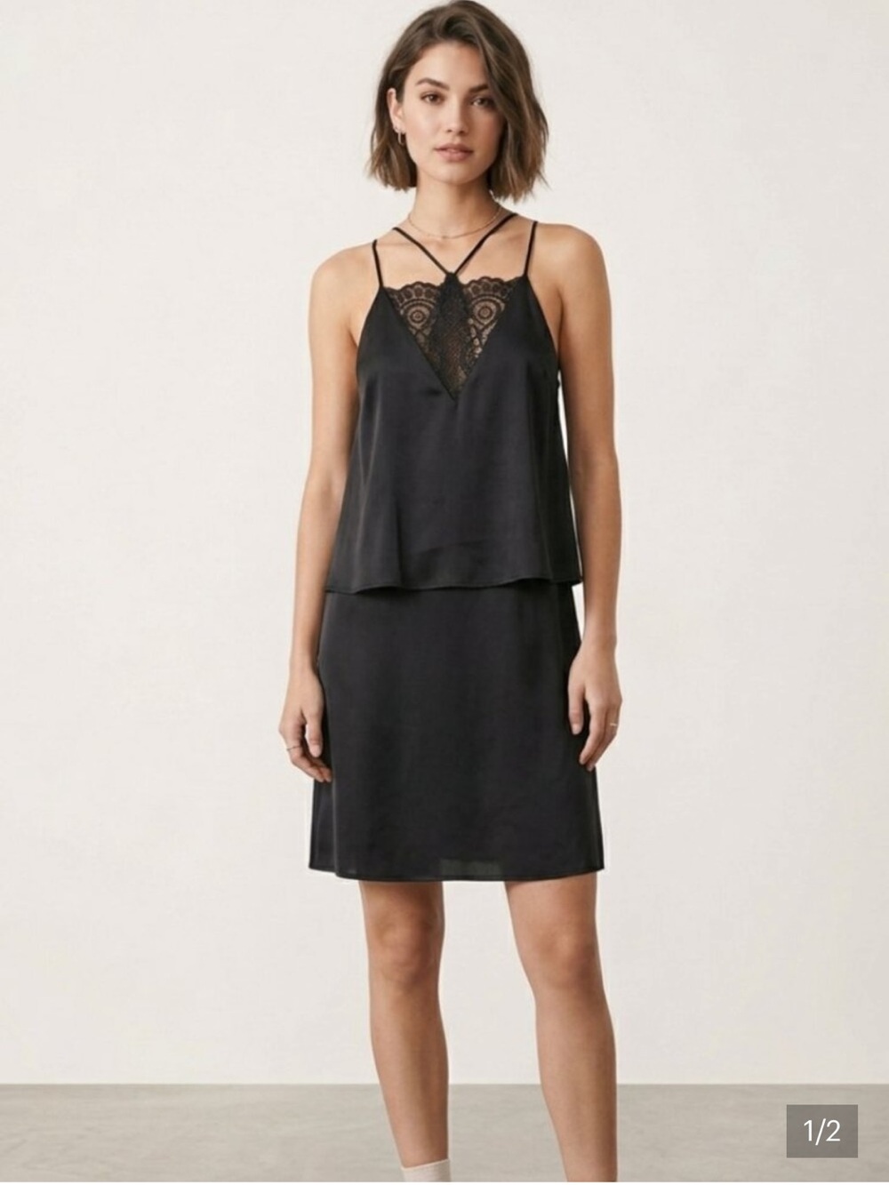 Selected Femme Silk Black Lace-Trim Slip Dress